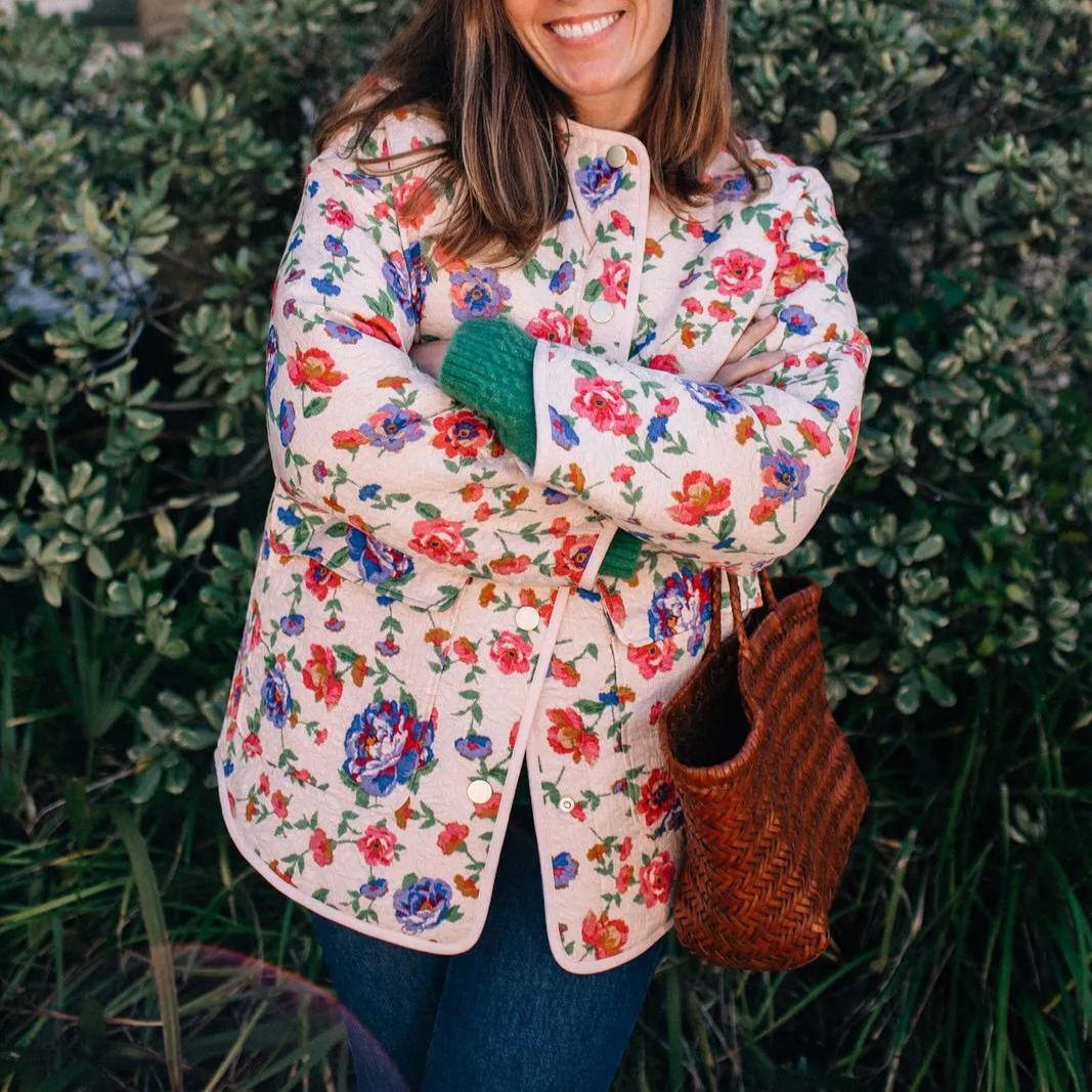 Floral Print Embossed Pockets Cotton Jacket-Massicos