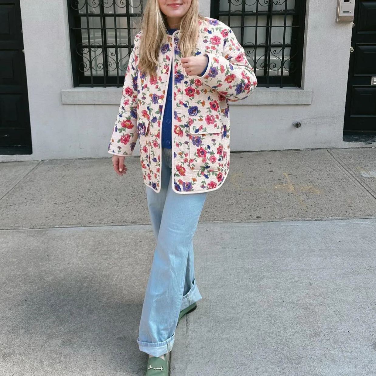 Floral Print Embossed Pockets Cotton Jacket-Massicos