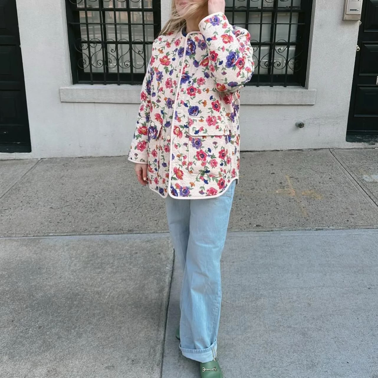 Floral Print Embossed Pockets Cotton Jacket-Massicos