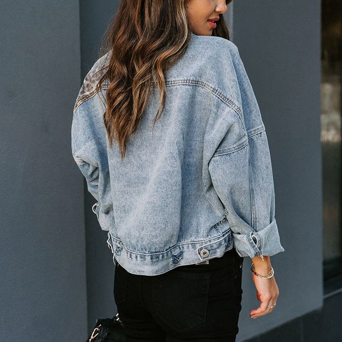 Patchwork Leopard Print Denim Jacket-Massicos