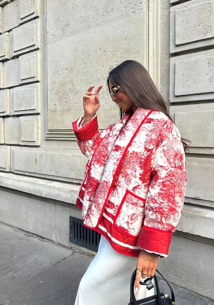Vintage Ink Painting Print Quilted Oversized Jacket-Massicos