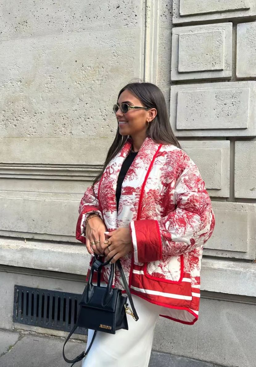Vintage Ink Painting Print Quilted Oversized Jacket-Massicos