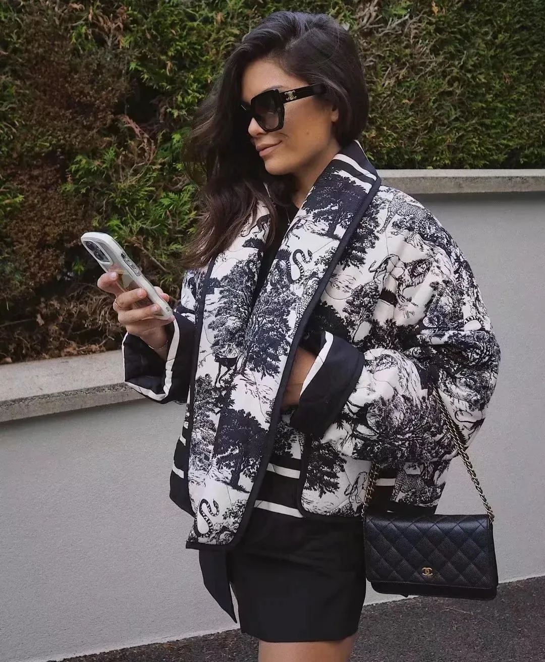 Vintage Ink Painting Print Quilted Oversized Jacket-Massicos