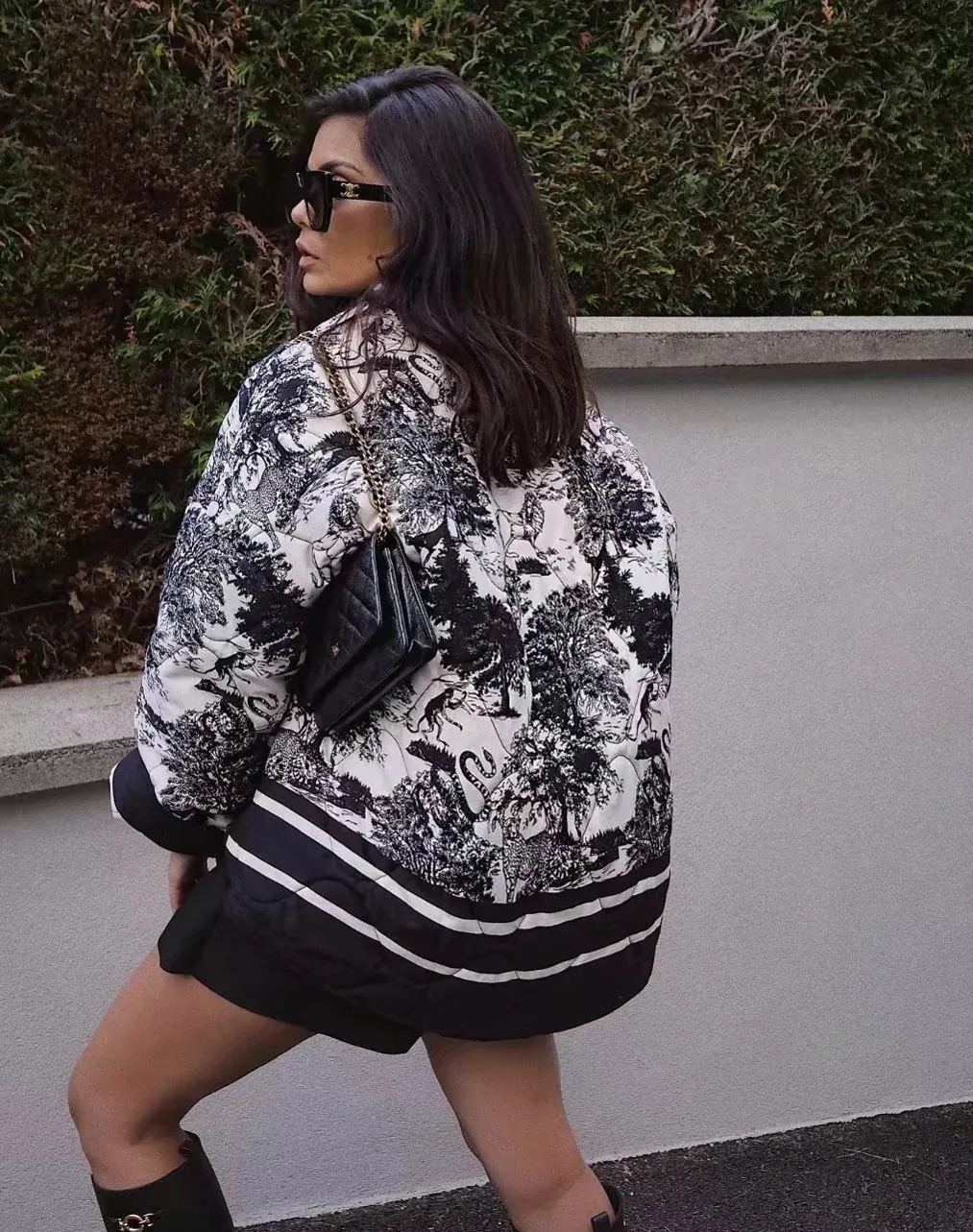 Vintage Ink Painting Print Quilted Oversized Jacket-Massicos