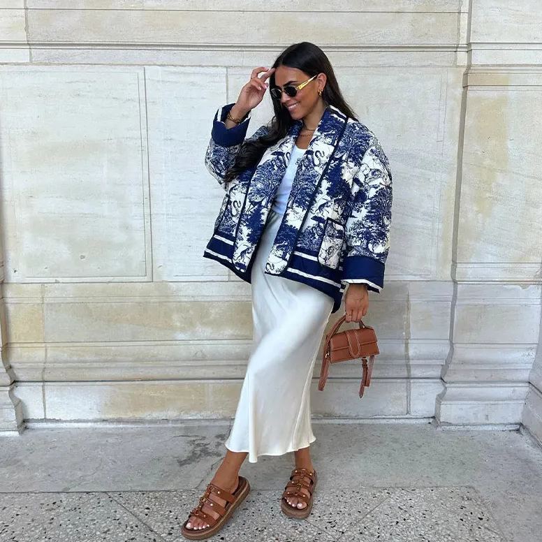 Vintage Ink Painting Print Quilted Oversized Jacket-Massicos