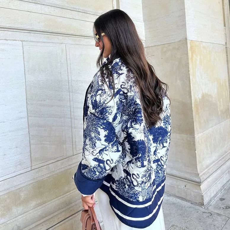 Vintage Ink Painting Print Quilted Oversized Jacket-Massicos