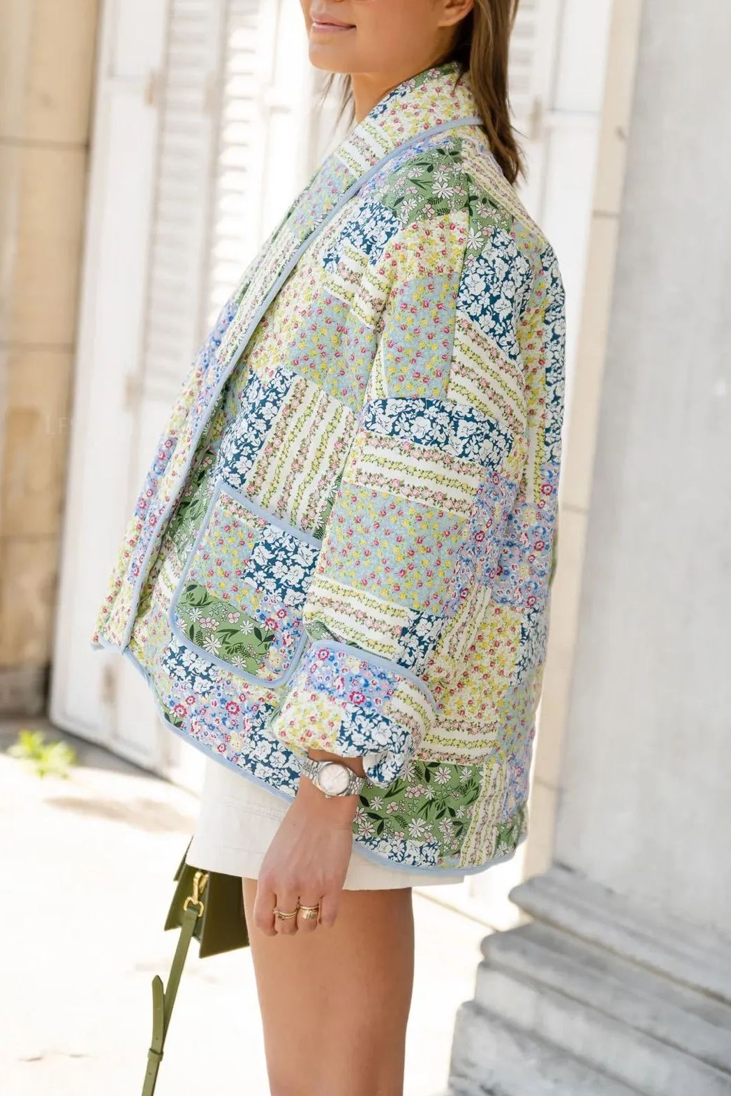 Yellow-Green Floral Patterned Patchwork Printed Jacket-Massicos