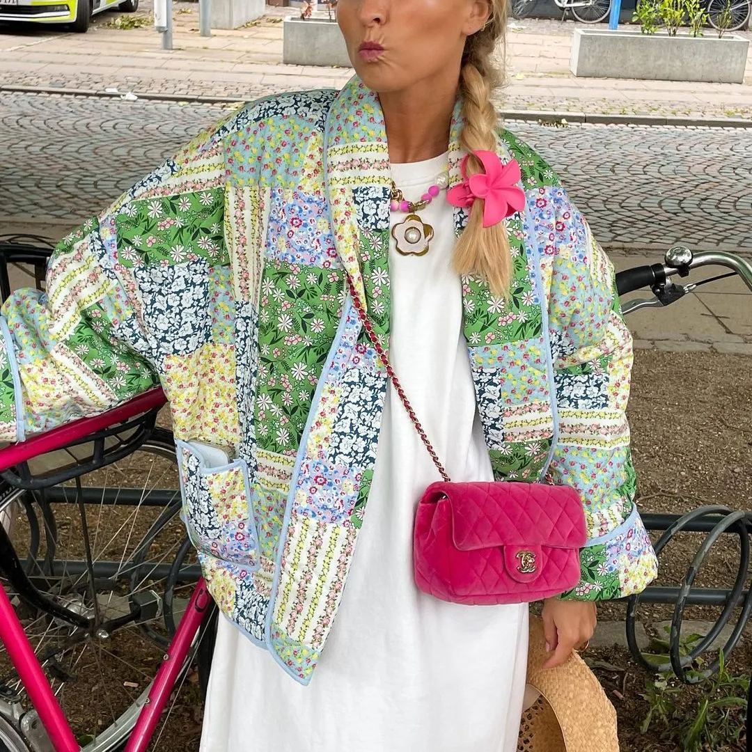 Yellow-Green Floral Patterned Patchwork Printed Jacket-Massicos