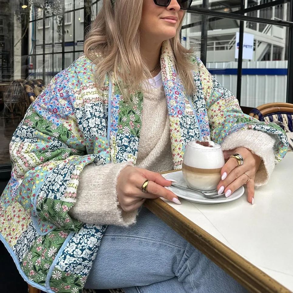 Yellow-Green Floral Patterned Patchwork Printed Jacket-Massicos
