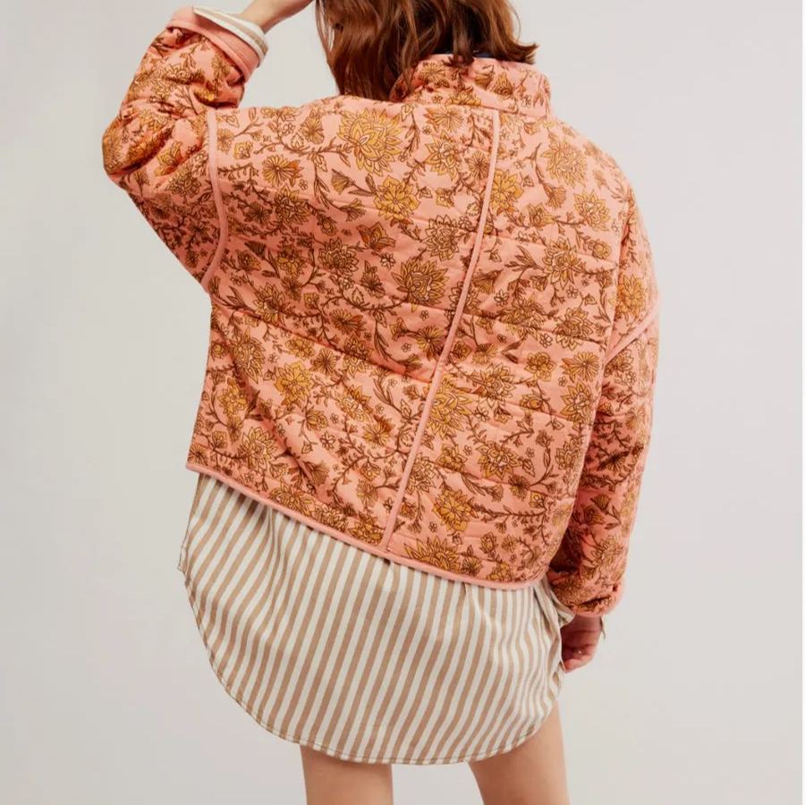 Floral Print Stand Collar Patchwork Jacket-Massicos