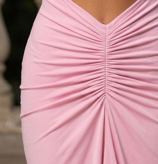 Pink Maxi Strapless Dress, close-up of cut-out, ruched and strapless neckline, by Rieiss