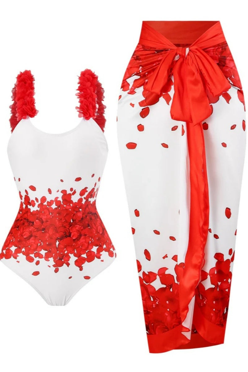 Red Floral Halter Swimsuit Set-ROVOLE