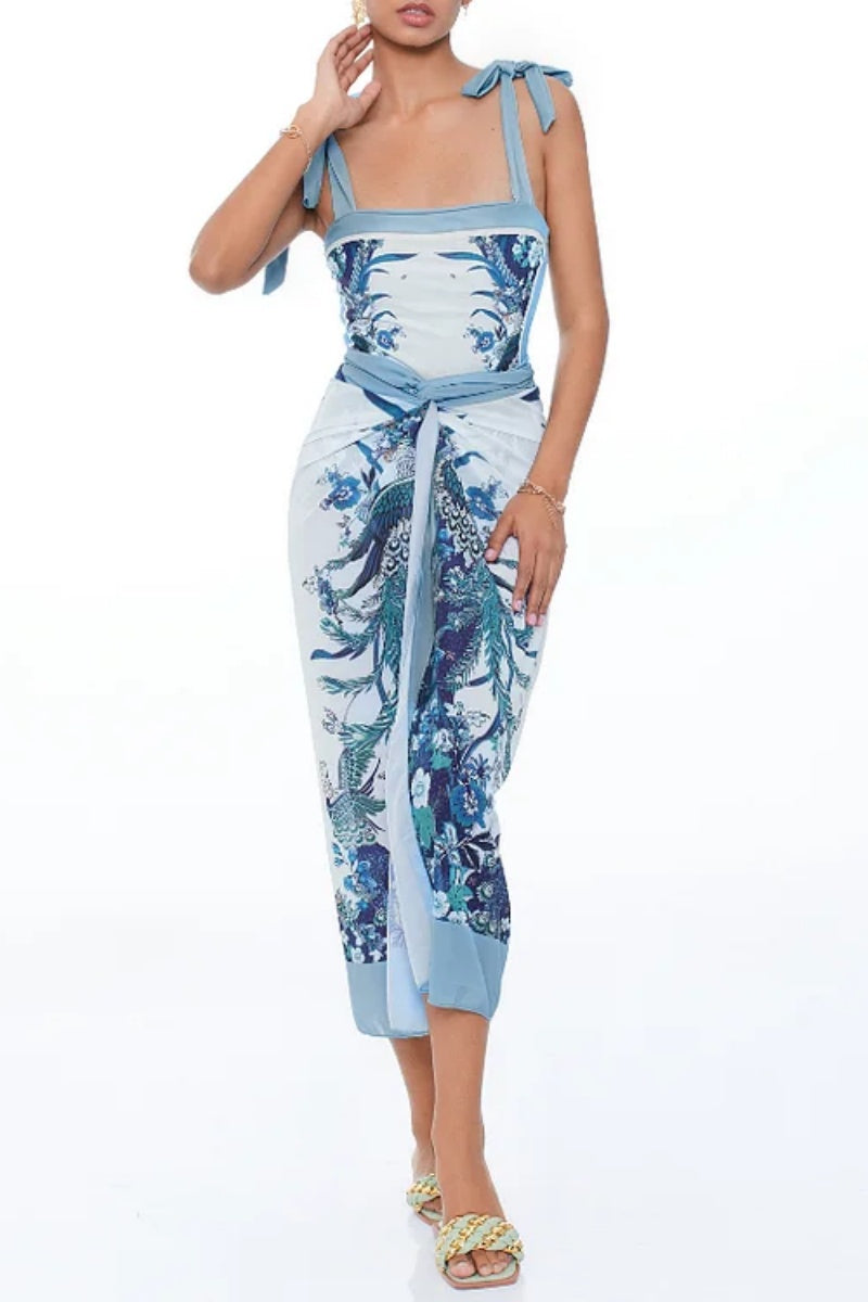 Flaxmaker Blue Reversible Bow Tie Shoulder One-Piece Swimsuit Set-ROVOLE