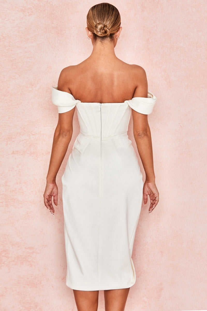 Ivory Satin Off Shoulder Mini Dress-ROVOLE