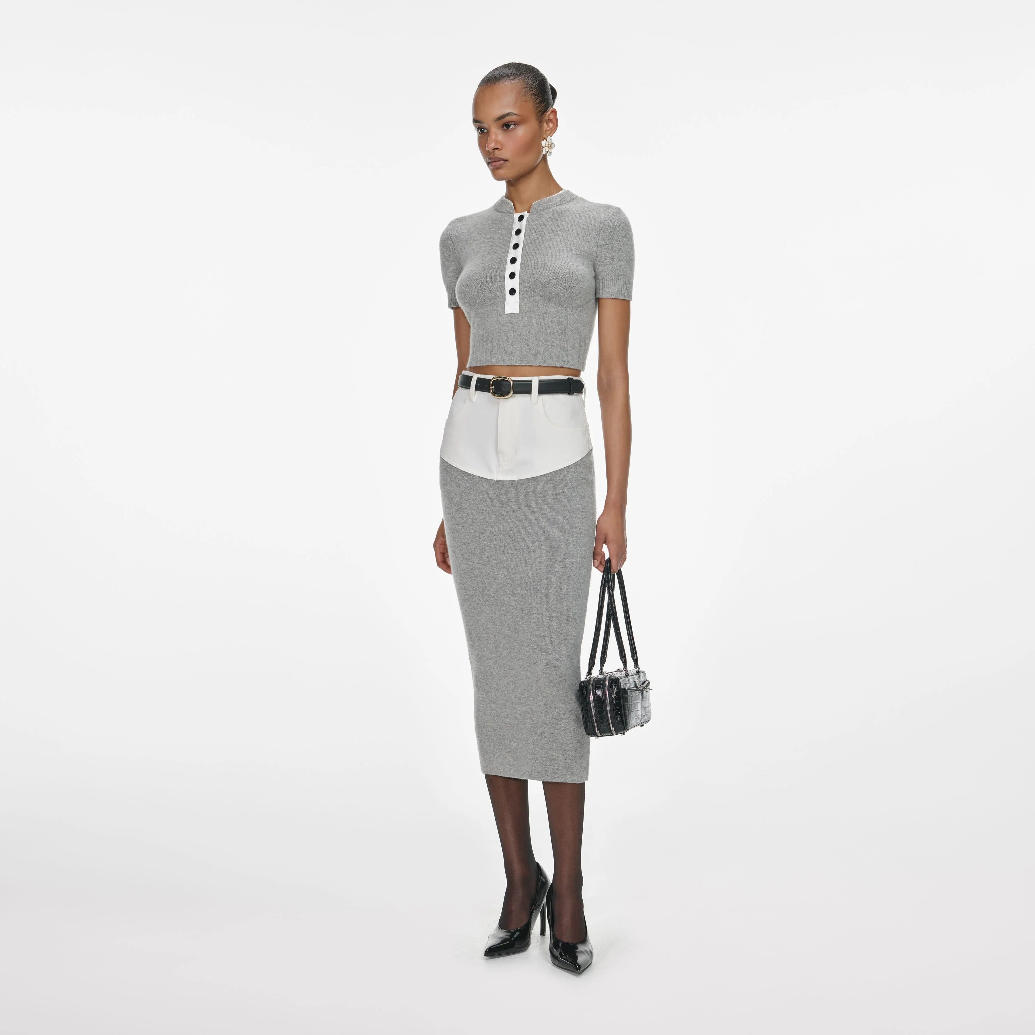 Gray Knitted Denim Patchwork Midi Skirt Set-Massicos