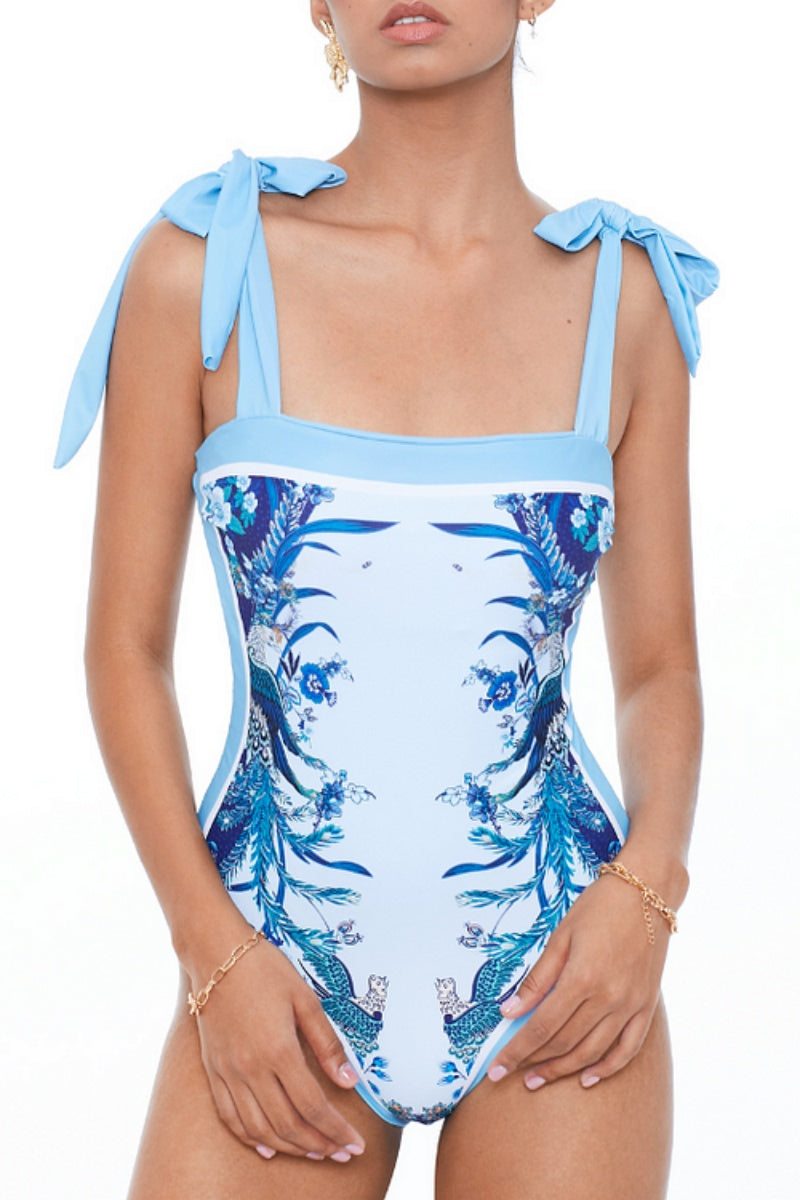 Flaxmaker Blue Reversible Bow Tie Shoulder One-Piece Swimsuit Set-ROVOLE