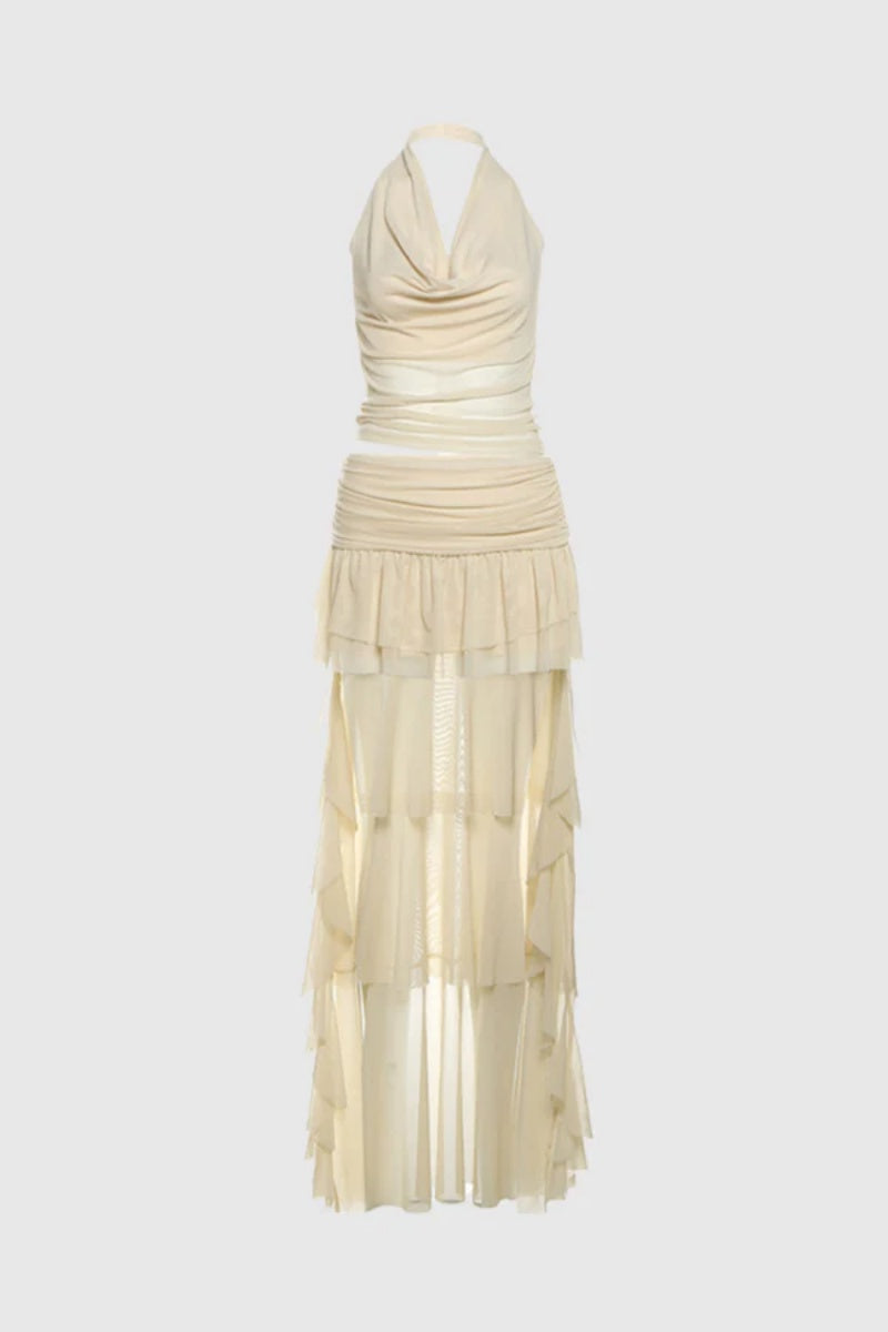 Ruffle Mesh Cowl Neck Skirt Set-ROVOLE