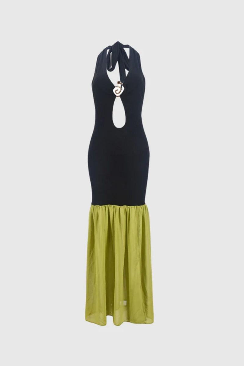Cutout Halter Neck Backless Split Maxi Dress-ROVOLE