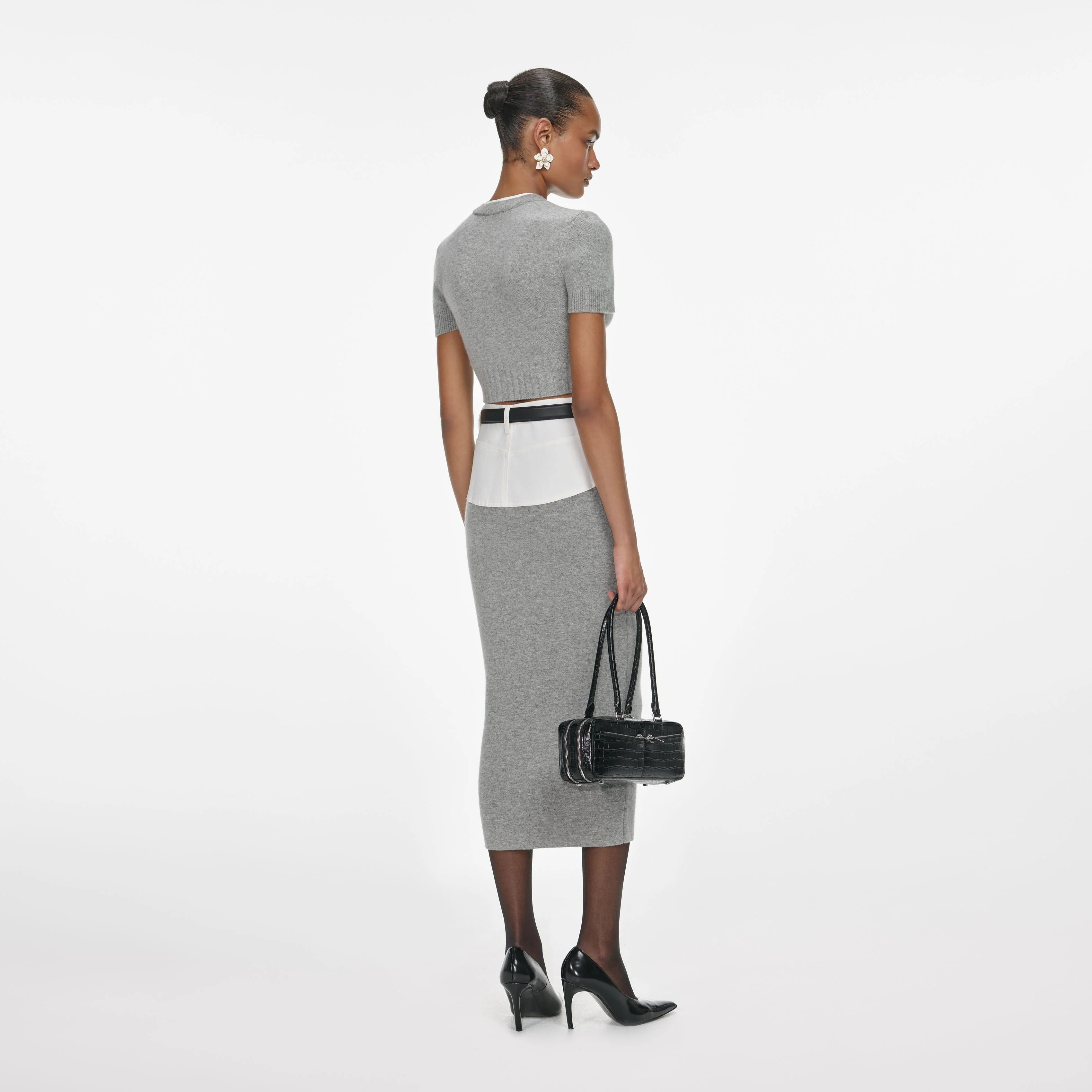 Gray Knitted Denim Patchwork Midi Skirt Set-Massicos