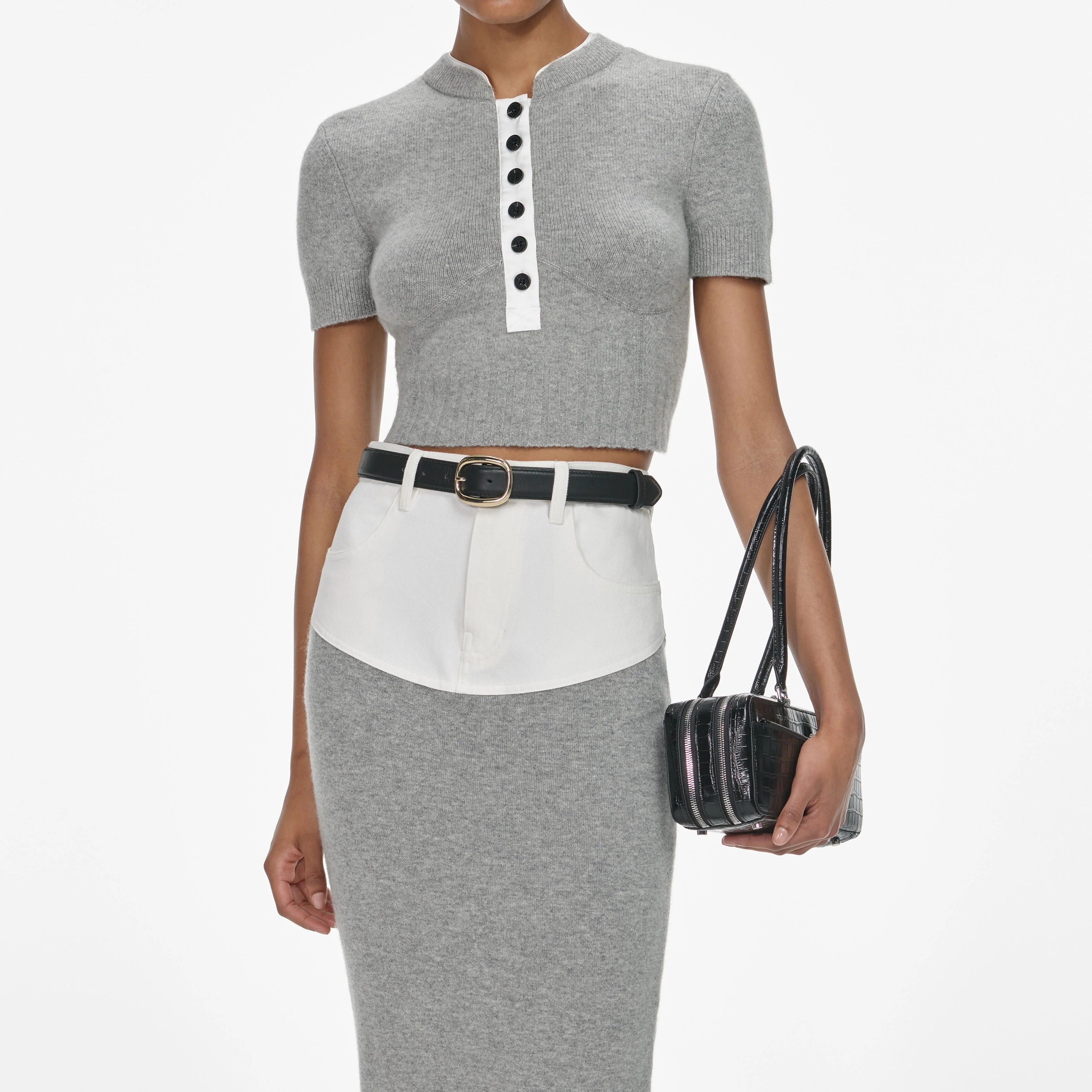 Gray Knitted Denim Patchwork Midi Skirt Set-Massicos