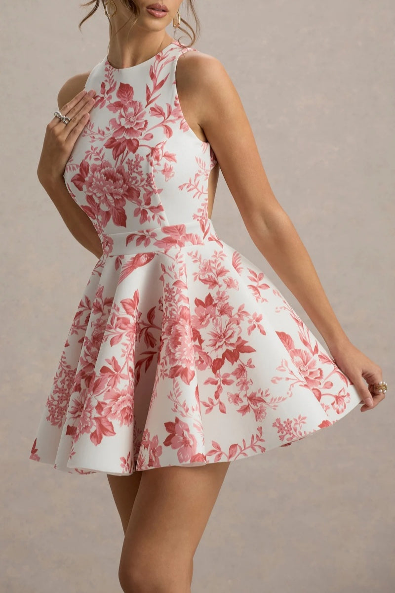Pink Porcelain Print Racer-Neck Sleeveless Skater Mini Dress-ROVOLE