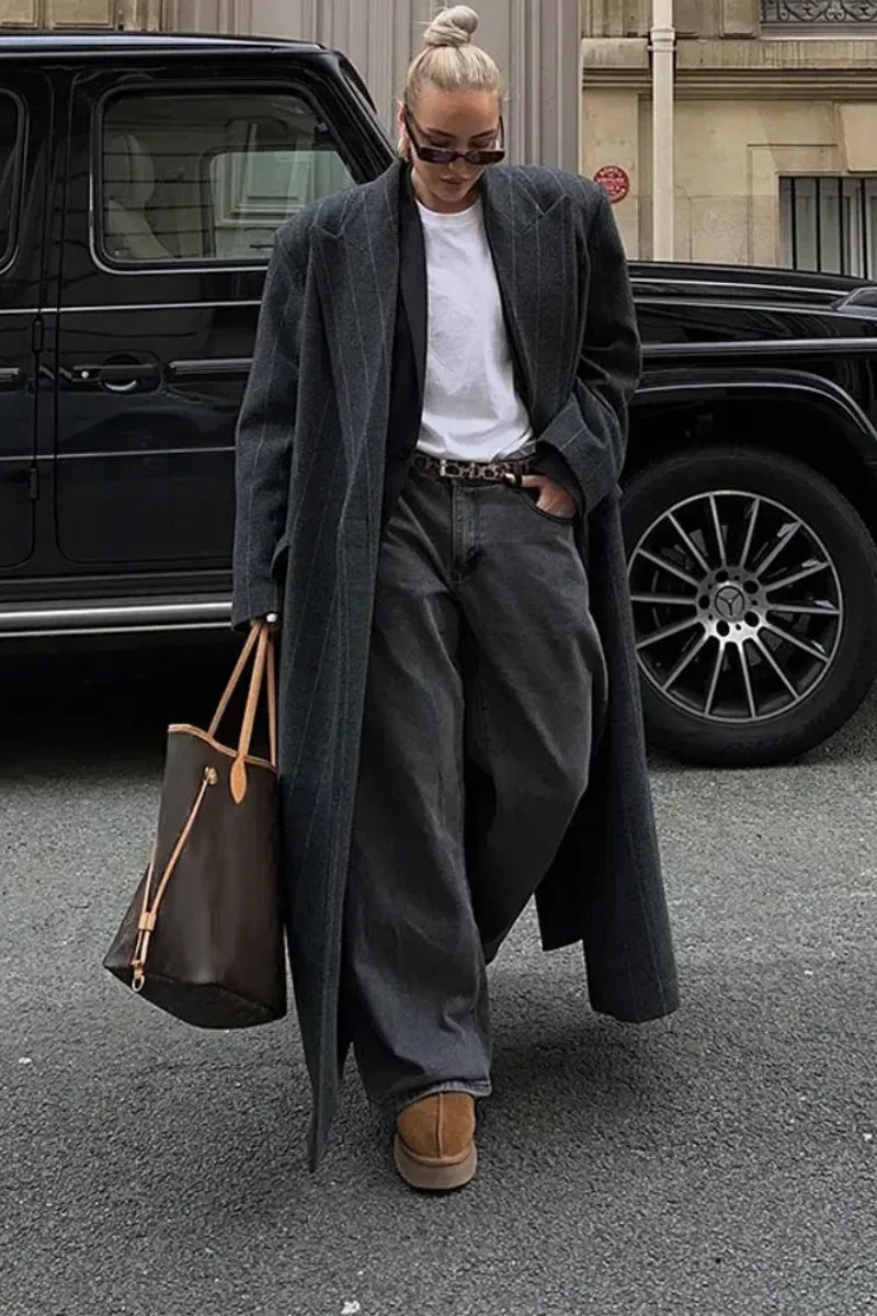 Lapel Striped Oversize Full Sleeve Long Coat-ROVOLE