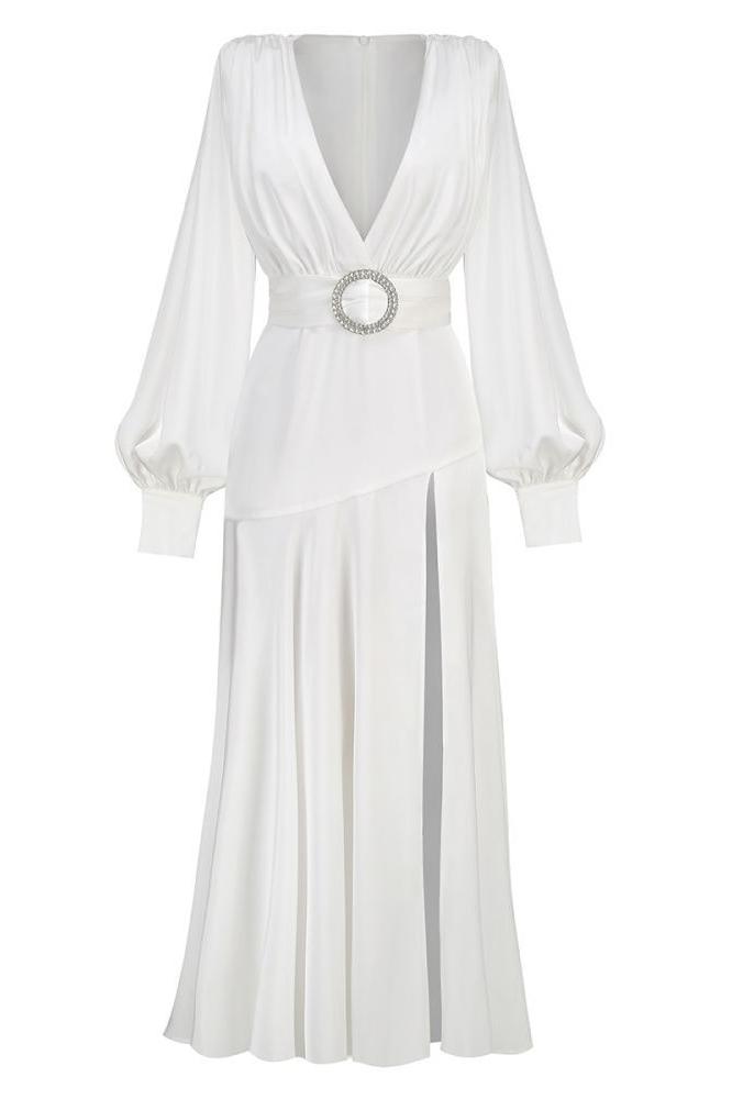 Phoebe V-neck Belted Slit Maxi Dress-ROVOLE