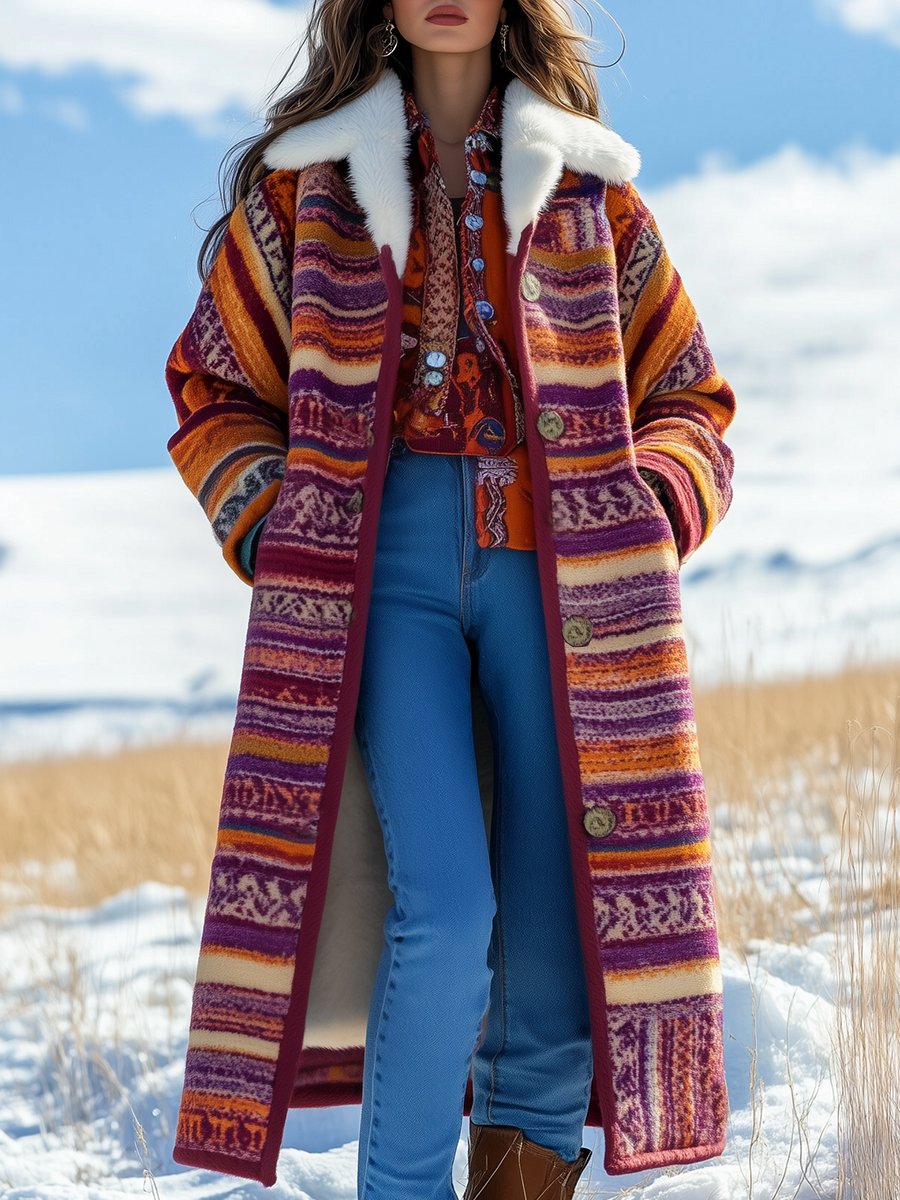 Ethnic Pattern Printed Woolen Thickened Sherp Lined Coat-Massicos