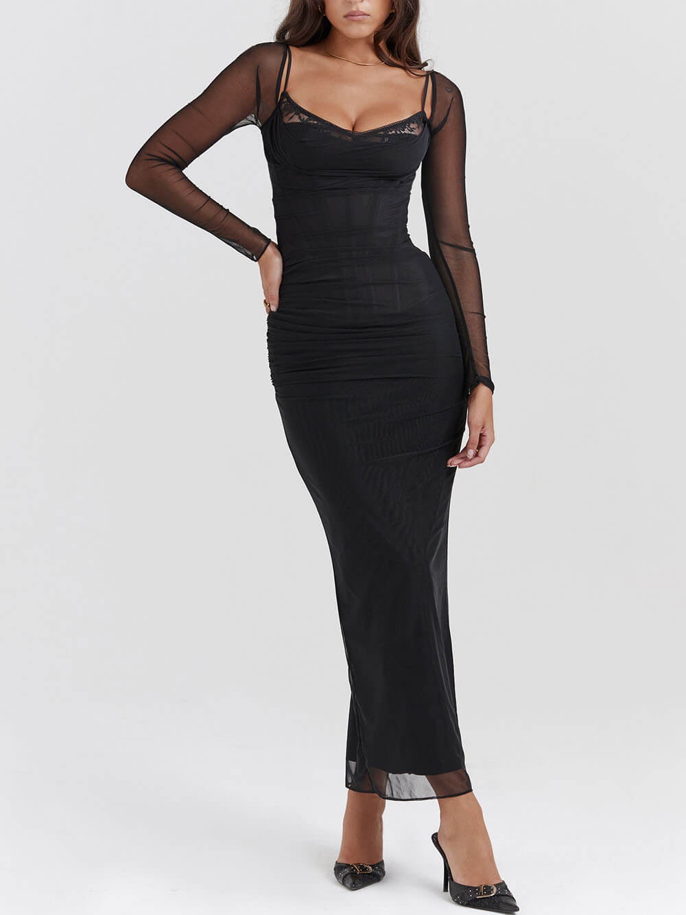 Black Backless Bodycon Suspender Maxi Dress-Massicos