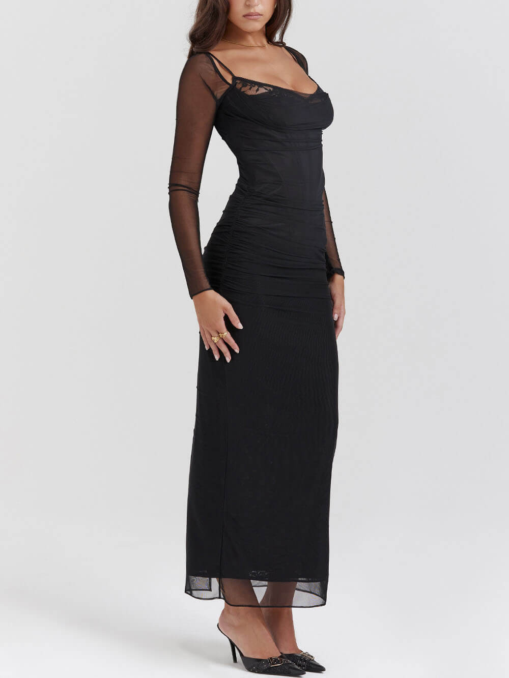 Black Backless Bodycon Suspender Maxi Dress-Massicos