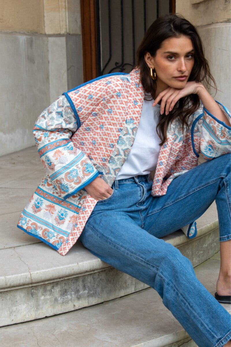 Lapel Printed Patchwork Quilted Thin Jacket-Massicos