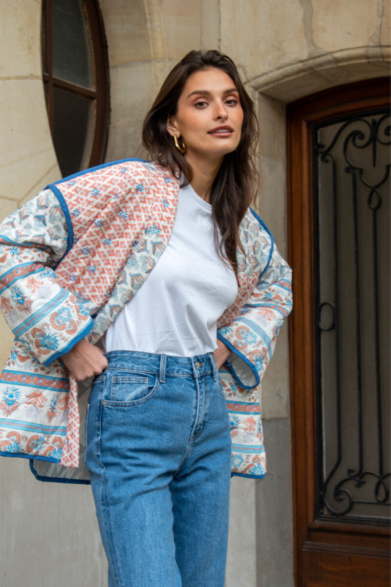 Lapel Printed Patchwork Quilted Thin Jacket-Massicos