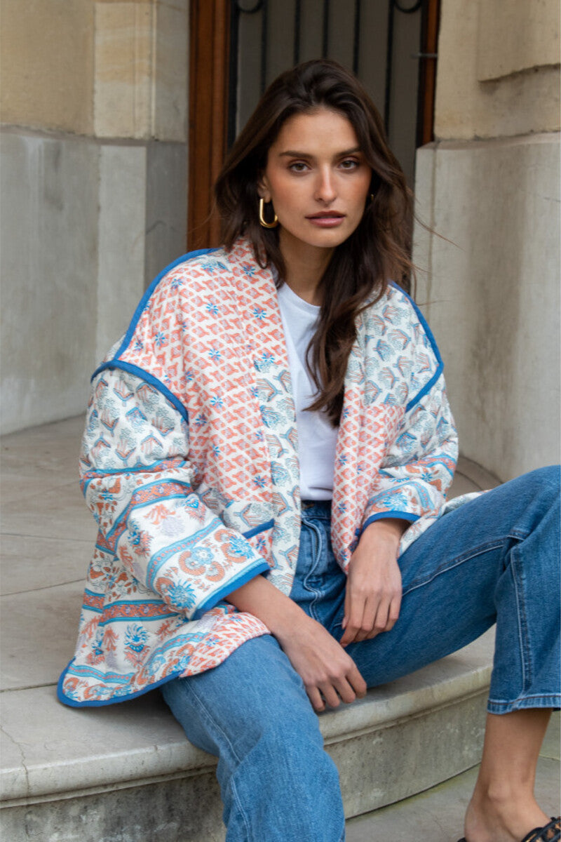 Lapel Printed Patchwork Quilted Thin Jacket-Massicos