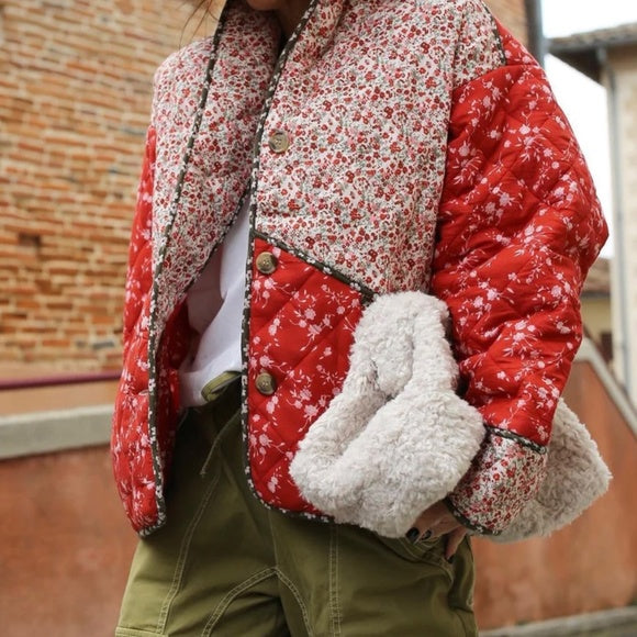 Ethnic style Floral Print Color Contrast Quilted Jacket-Massicos