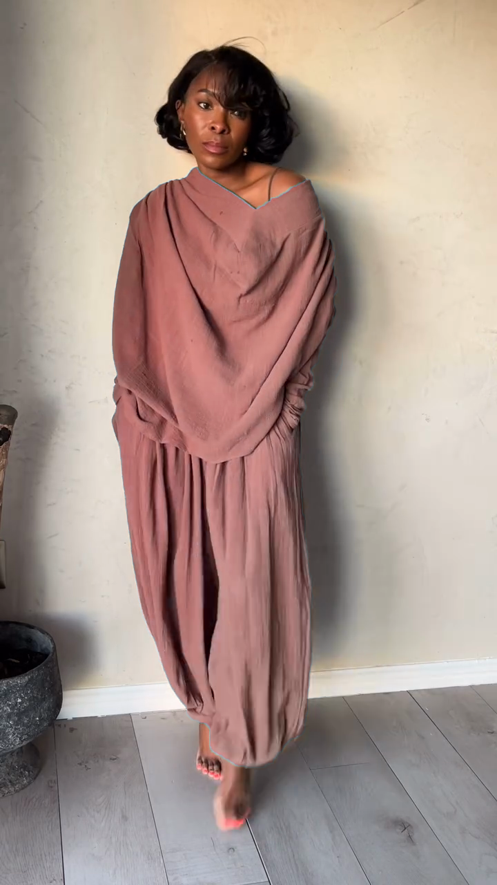 Taupe Off - the - Shoulder Top and Baggy Pants Set-Massicos