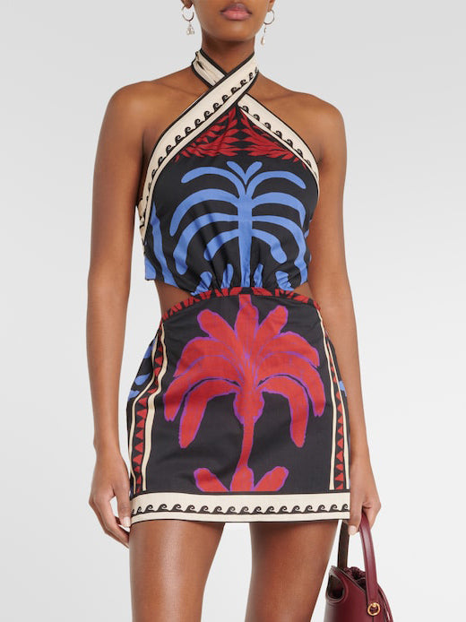 Unique Summer Print Halter Neck Mini Dress-Massicos
