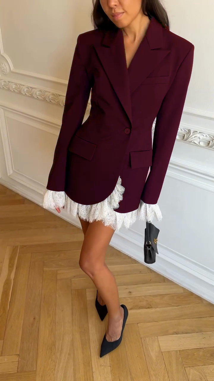 Black Blazer Dress with White Lace Trim-Massicos