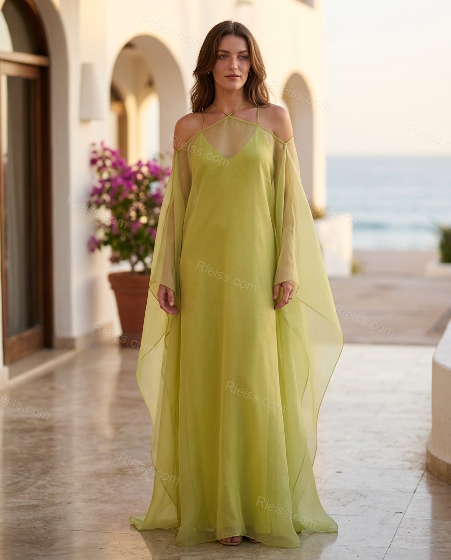Chartreuse Cape Halter Lace Dress, three-quarter brand lifestyle view, by Rieiss