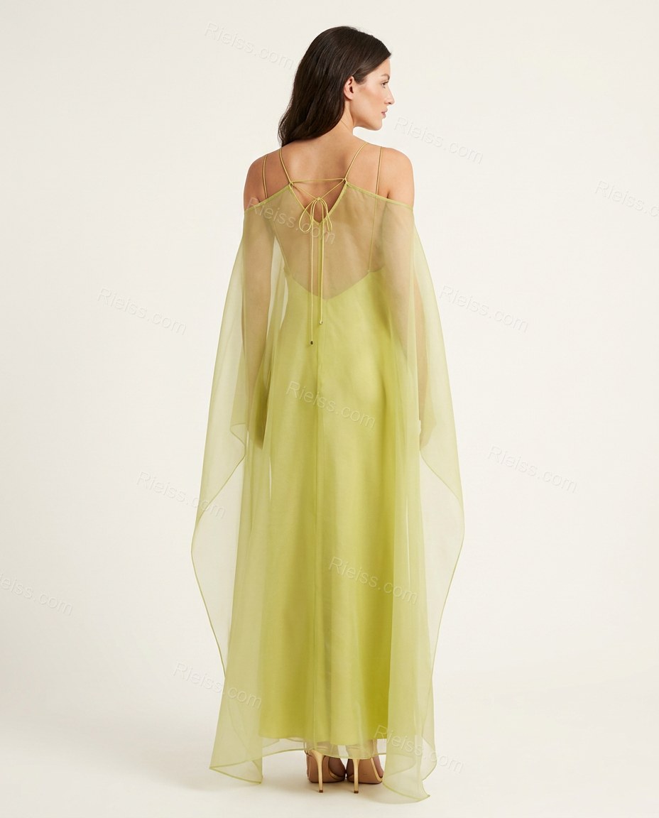 Chartreuse Cape Halter Lace Dress, back studio view showing sheer back panel with delicate lace-up tie closure, by Rieiss