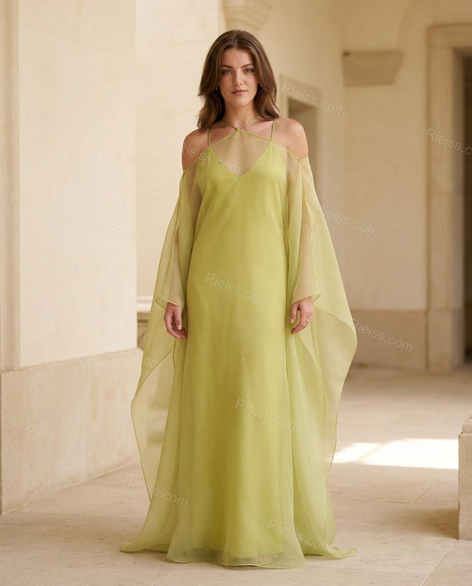 Chartreuse Cape Halter Lace Dress, full-length hero view, by Rieiss
