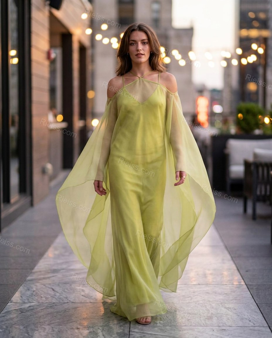 Chartreuse Cape Halter Lace Dress, movement and fit lifestyle view, by Rieiss
