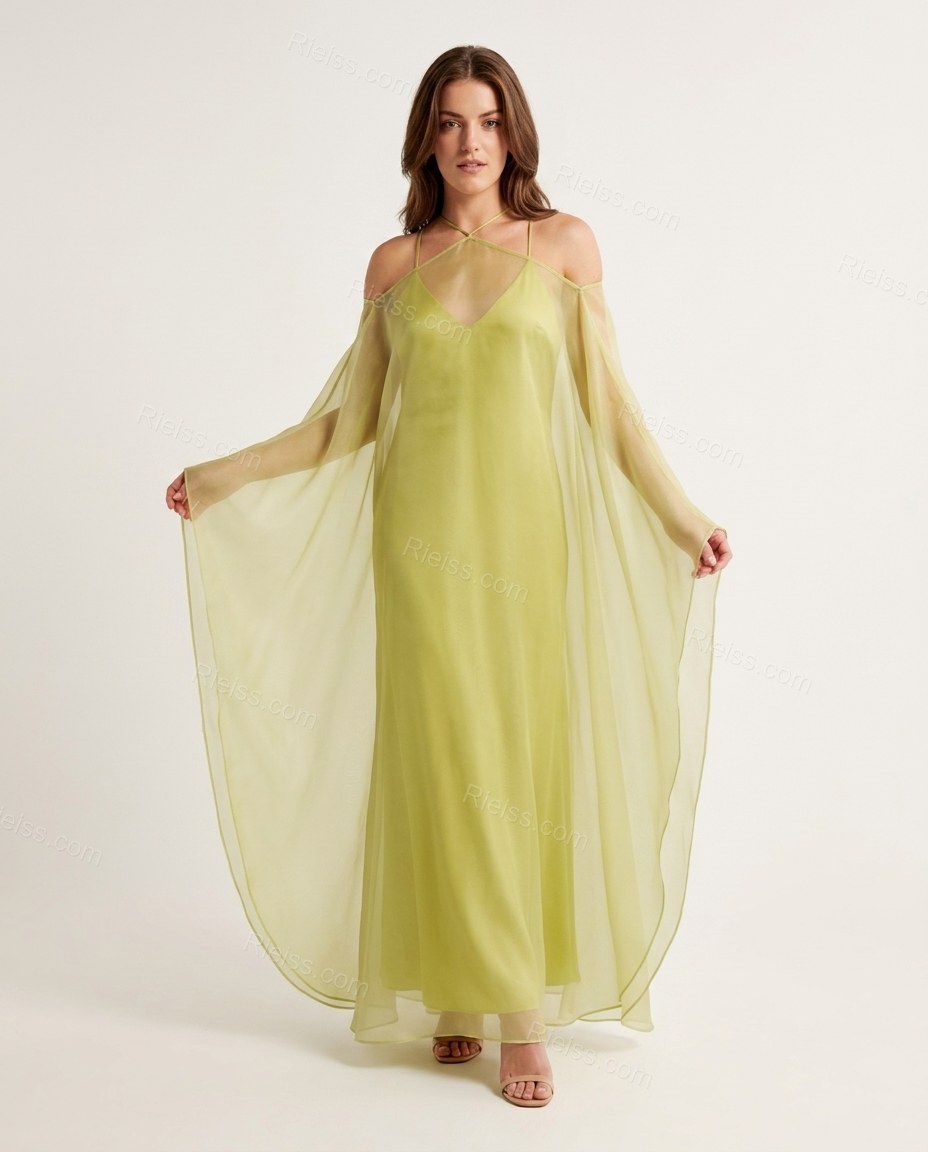 Chartreuse Cape Halter Lace Dress, front studio view, by Rieiss