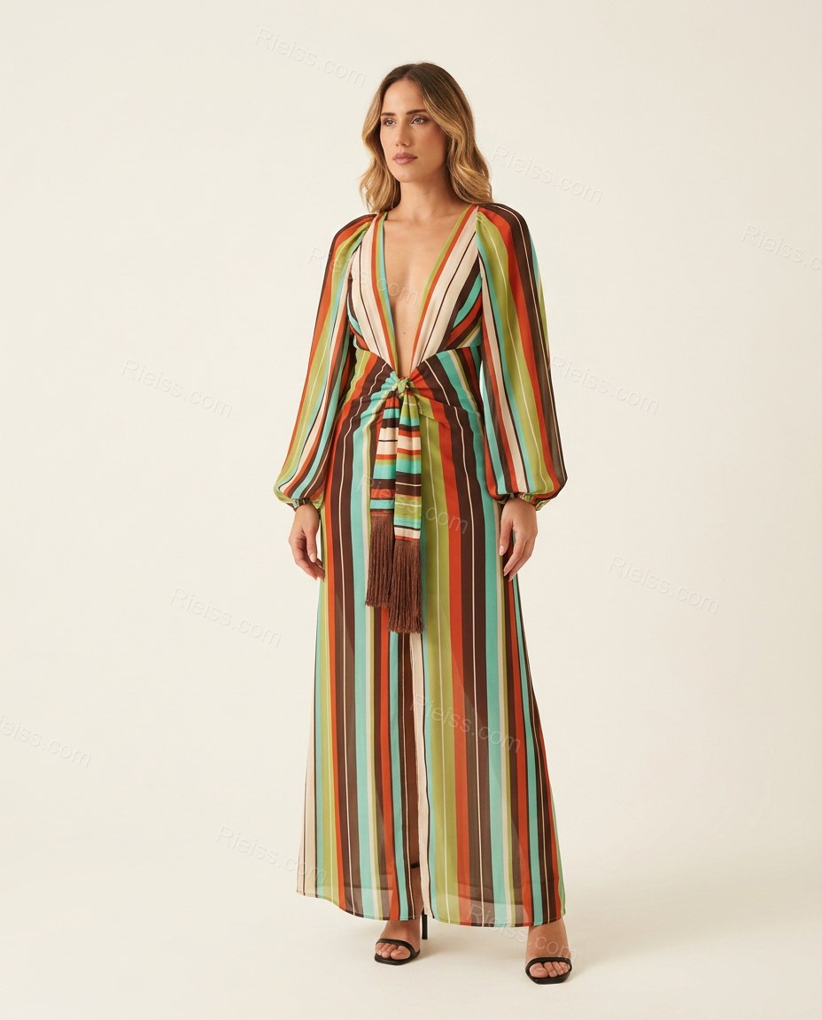 Multi-Color Striped Maxi Fringe Dress, front studio view, by Rieiss