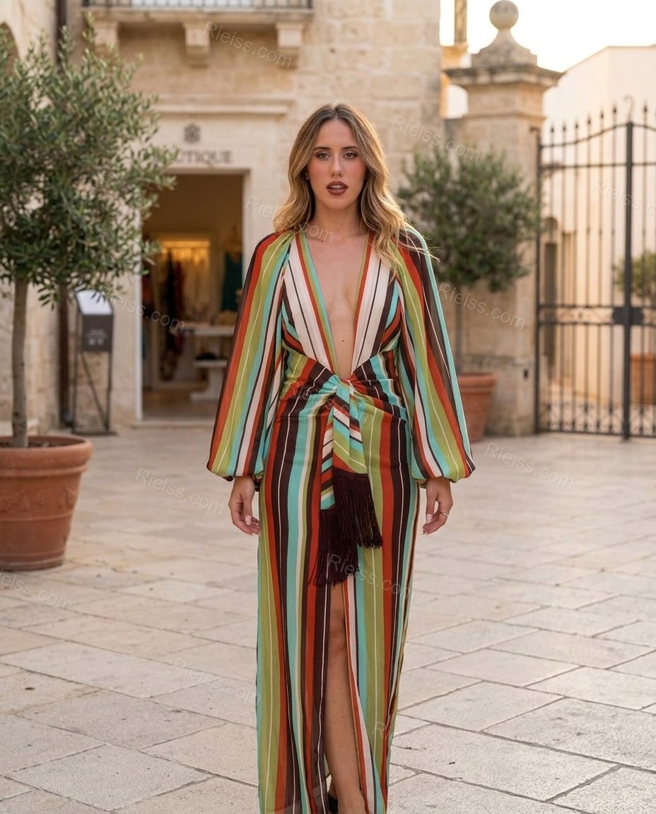 Multi-Color Striped Maxi Fringe Dress, three-quarter brand lifestyle view, by Rieiss