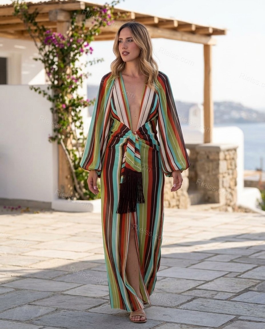 Multi-Color Striped Maxi Fringe Dress, movement and fit lifestyle view, by Rieiss