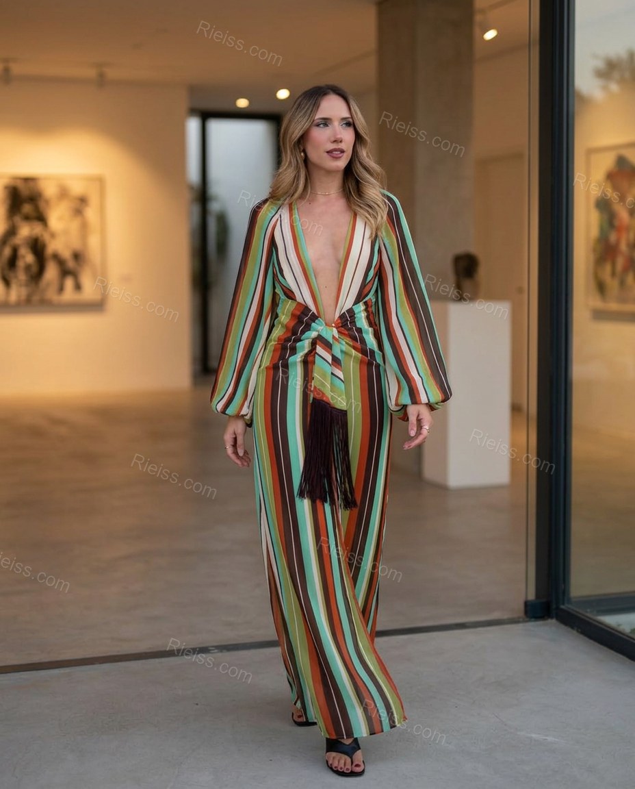 Multi-Color Striped Maxi Fringe Dress, alternate use-case lifestyle view, by Rieiss