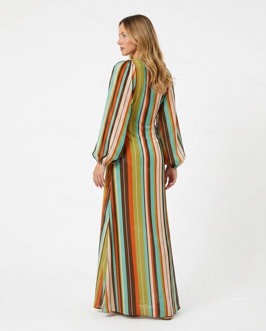 Multi-Color Striped Maxi Fringe Dress, back studio view showing simple, clean back silhouette with vertical stripe alignment, by Rieiss