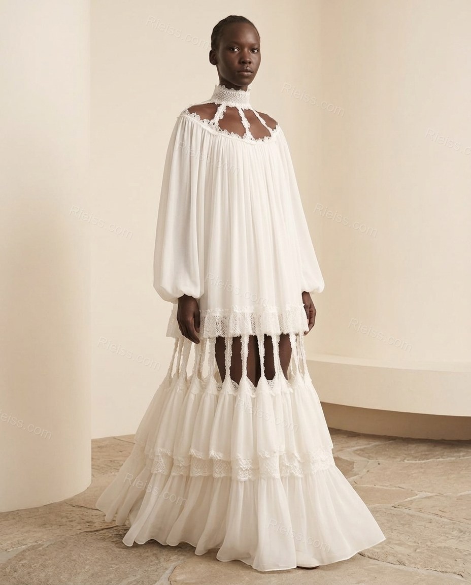 White Maxi Tiered Chiffon Dress, full-length hero view, by Rieiss