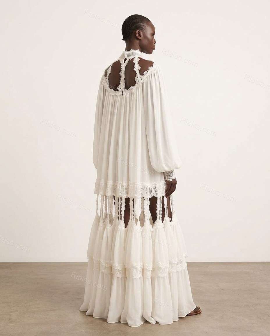 White Maxi Tiered Chiffon Dress, back studio view showing features circular cutouts with lace trim mirroring the front, by Rieiss