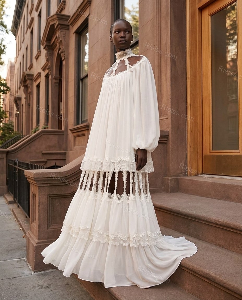White Maxi Tiered Chiffon Dress, alternate use-case lifestyle view, by Rieiss